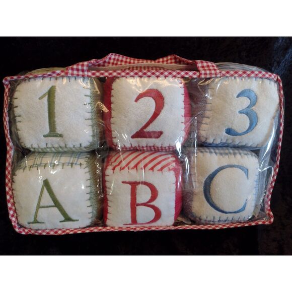 Pottery Barn Kids Soft Cloth‎ Fabric Set of Gingham Check Plaid Baby Blocks Toys - Picture 1 of 9